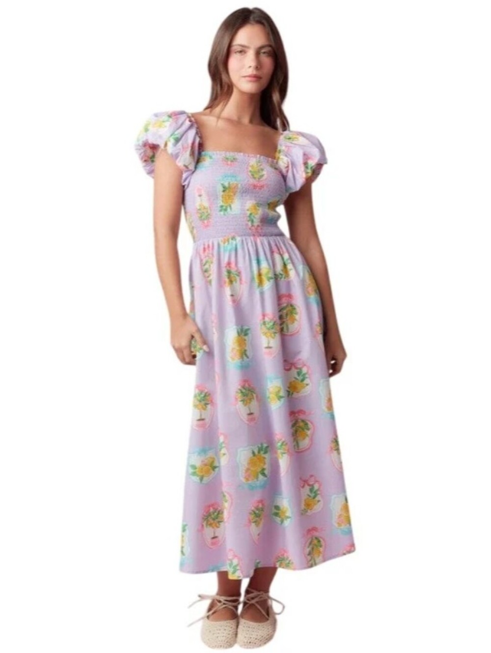 Peach Love California Lavender Print Puff Cap Sleeve Smocked Midi Dress- L